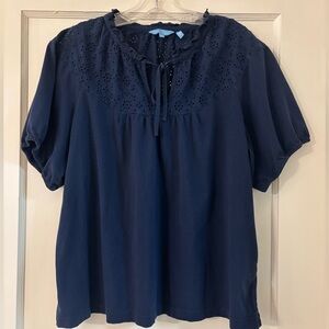 Draper James XL Navy Eyelet Yoke Top | 100% Cotton